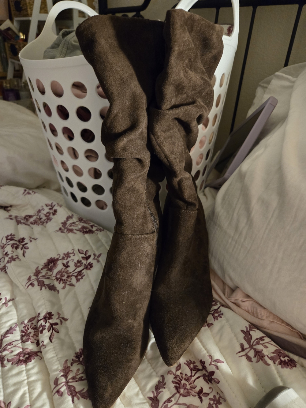 Brown Suede Pointed-Toe Slouch Boots